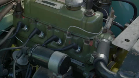 CLASSIC BRITISH CAR ENGINE. RUNNING. 4K SLIDER SHOT. NO PEOPLE. Stock Footage 261758894