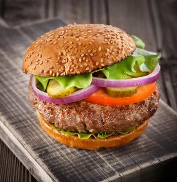 Classic Burger close up. Stock Photos