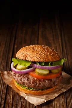 Classic Burger close up. Stock Photos