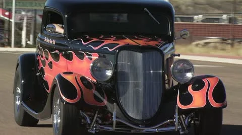 Classic Car, Black With Red Flames 4 Stock-Footage 19129335