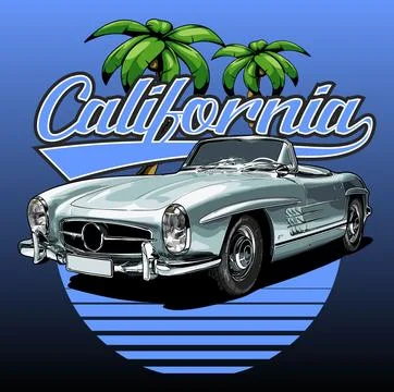 Classic car with coconut trees Stock Illustration