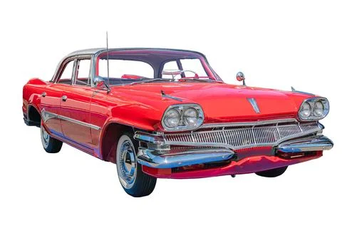 Classic car isolated on white background, vibrant red body, chrome detailin.. Stock Photos