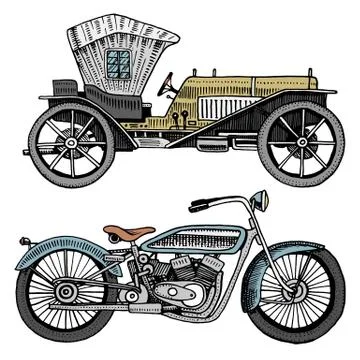 Classic car, machine or engine and motorcycle or motorbike illustration Stock Illustration