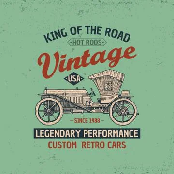 Classic car, machine or engine illustration. logo emblem or label, engraved hand Stock Illustration