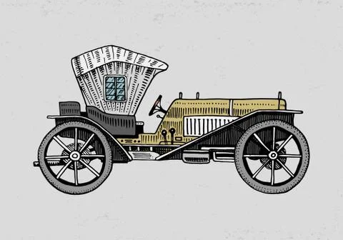 Classic car, machine or engine illustration. engraved hand drawn in old sketch Stock Illustration