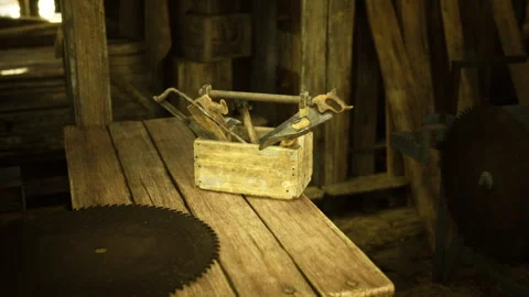Classic carpentry equipment left untouched on workbench surface Stock Footage 333993612