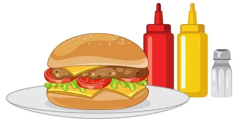 Classic Cheeseburger with Condiments Vector Illustration Stock Illustration