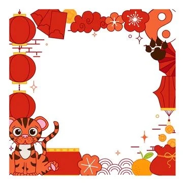 Classic Chinese elements 2034 Tiger lunar lantern festival CNY vector graphic Stock Illustration