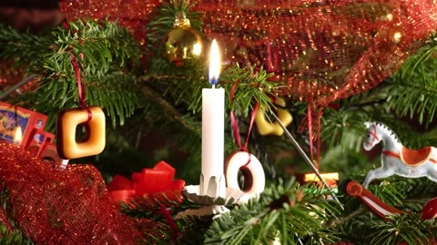 Classic Christmas Tree - Lighting Sparkler and Candle Light at Christmas Eve Stock Footage 142536853
