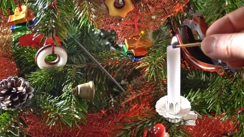Classic Christmas Tree with Sparkler and Candle Light Stock Footage 123498031