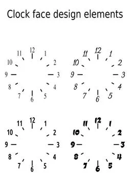 Classic clock face design elements, set of four clock faces in monochrome black Stock Illustration