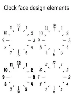 Classic clock face design elements, set of four clock faces in monochrome black Stock Illustration