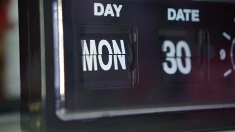 Classic clock face flipping day date numbers, dark ambiance, time change and Stock Footage 346221864