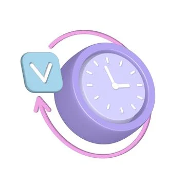 Classic clock icon with checkmark and round arrow. 3d render vector icon Stock Illustration