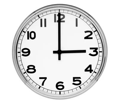 Classic clock on wall reads three isolated on white background Stock Photos