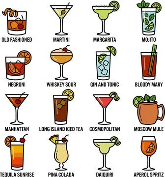 Classic Cocktail Collection - A Vibrant Array of Popular Mixed Drinks with .. Stock Illustration