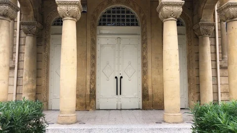 Classic Columns and Door Close Up Shot. Vintage Building Entrance Stock-Footage 100620029