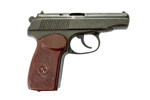 Classic compact semi automatic handgun isolated on white background Fotos Stock