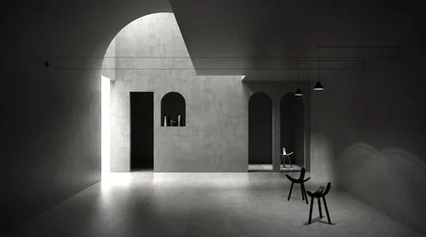 Classic concrete interior space with sun light that cast shadow on the wall a Ilustración de archivo