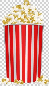A classic container of popcorn, striped red and white, brimming with fluffy.. Stock Illustration