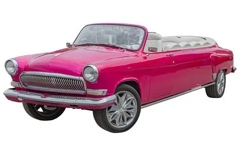 Classic convertible car on white background, vibrant pink paint, mid-centur.. Stock Photos