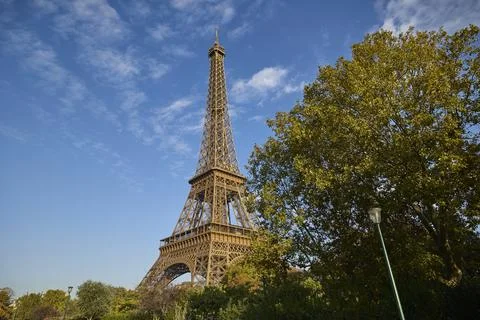 Classic daytime view of the Eiffel Tower rising above autumn trees Fotos Stock