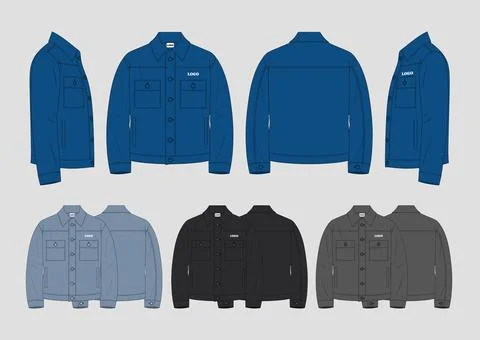 Classic Denim Jacket Technical Sketch Vector with Color Options 스톡 일러스트