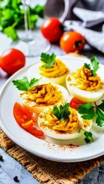 Classic Deviled Eggs with Paprika for Premium Appetizer Food Object and Par.. Stock Photos