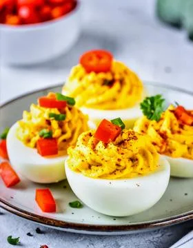 Classic Deviled Eggs with Paprika for Premium Appetizer Food Object and Par.. 스톡 사진