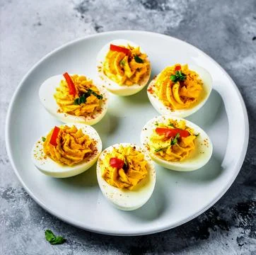 Classic Deviled Eggs with Paprika for Premium Appetizer Food Object and Par.. 스톡 사진