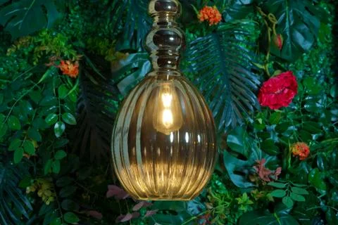 Classic different retro light bulbs hanging on brick plastic green background Stock Photos