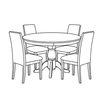 A classic dining table with four chairs, vector outline illustration Stock Illustration