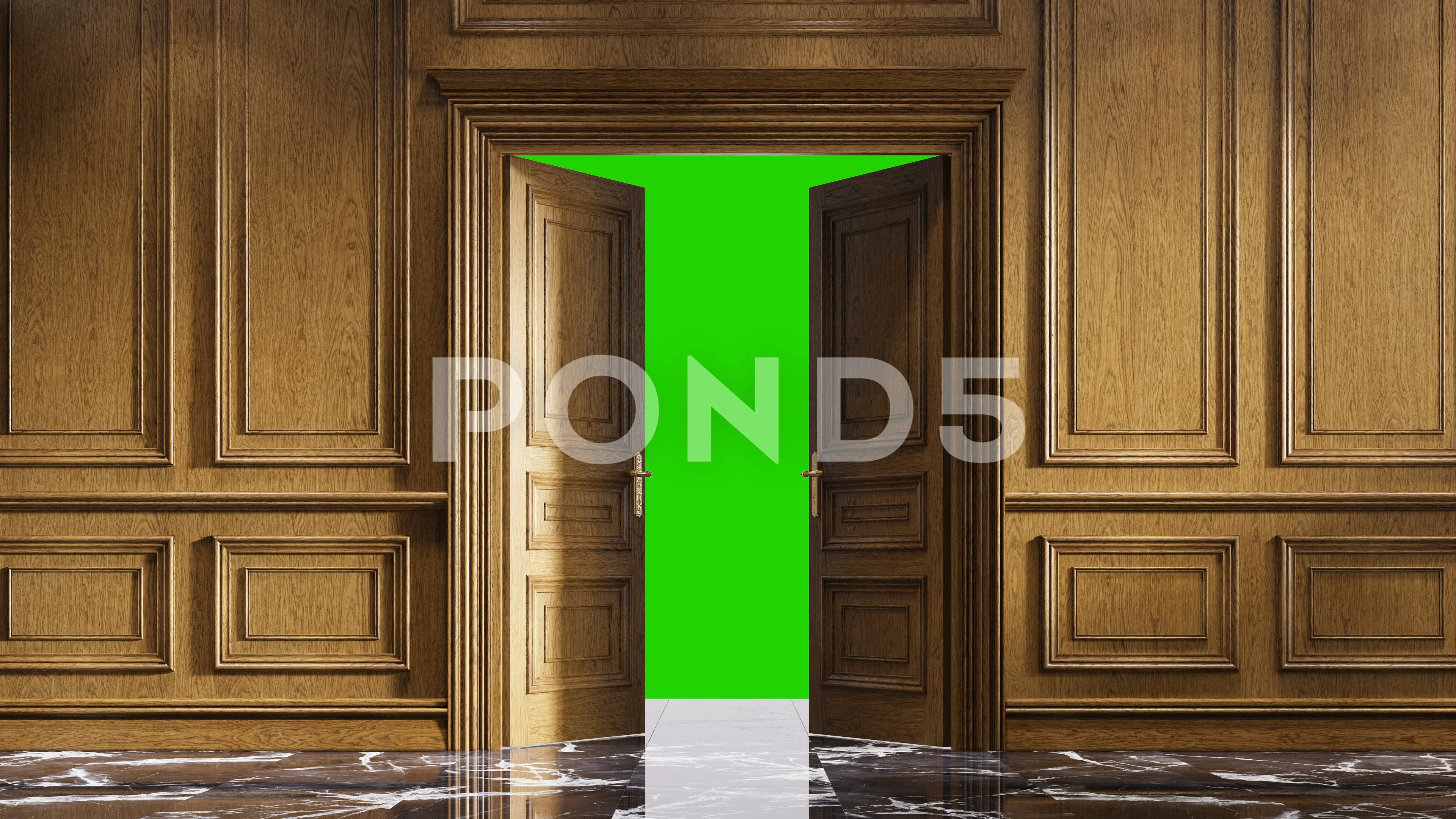 Classic door opening to the green chroma key background, 4k