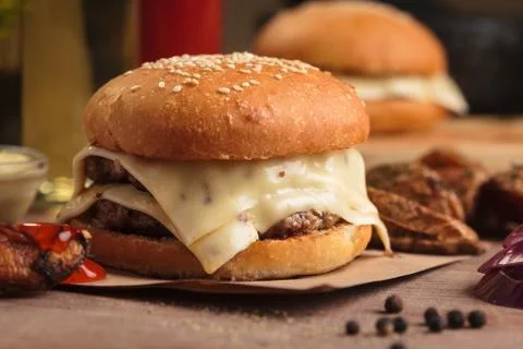 Classic double cheeseburger with ingredients 스톡 사진