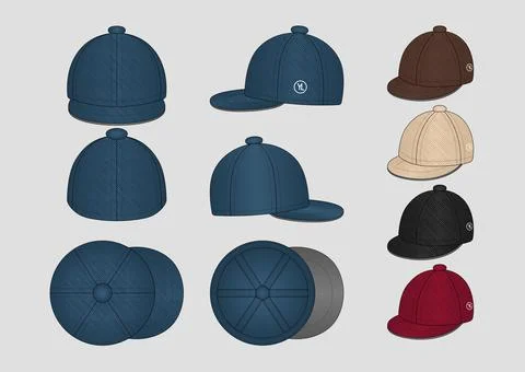 Classic Eight-Panel Baker Boy Cap Vector Mockup Collection and Short Brim Stock Illustration