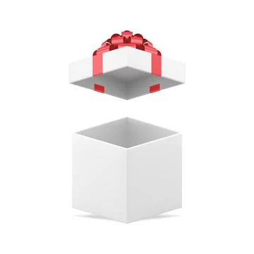 Classic elegant open empty white gift box wrapped by red metallic ribbon re.. Illustrazione stock