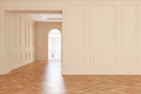 Classic empty beige room interior with parquet floor. Stock Illustration