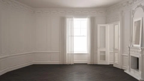 Classic empty room with big window, fireplace and herringbone wooden parquet  Stock Illustration