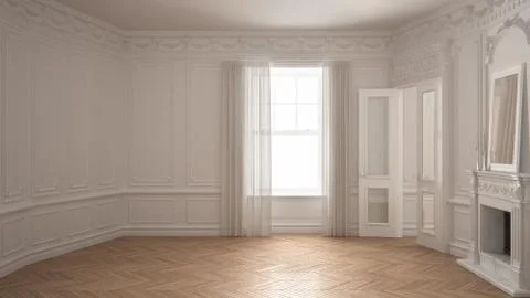 Classic empty room with big window, fireplace and herringbone wooden parquet  Stock Illustration