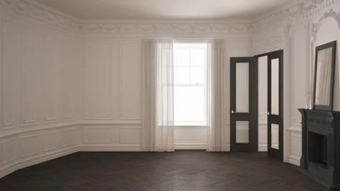 Classic empty room with big window, fireplace and herringbone wooden parquet  Stock Illustration