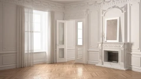 Classic empty room with big window, fireplace and herringbone wooden parquet  Stock Illustration