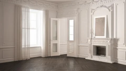 Classic empty room with big window, fireplace and herringbone wooden parquet  스톡 일러스트