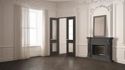 Classic empty room with big window, fireplace and herringbone wooden parquet  Stock Illustration