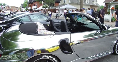 Classic exotic expensive car show in the summer on main street Markham Canada Stock Footage 77955112