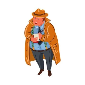 The classic fat detective with a notebook asking questions. Vector colorful Stock Illustration