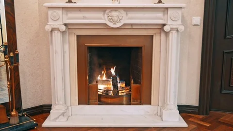 Classic fireplace with real burning fire and coals Stock-Footage 99561052