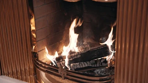 Classic fireplace with real burning fire and coals Video stock 99561057