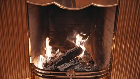Classic fireplace with real burning fire and coals Stock Footage 99561279