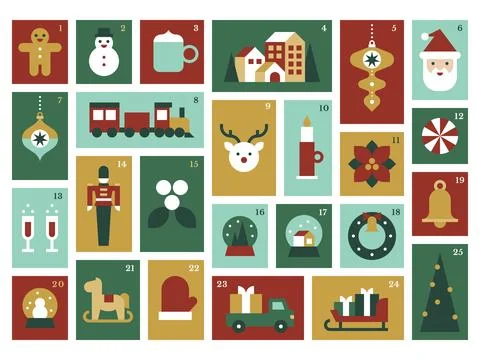 Classic Flat Style Advent Calendar with Holiday Icons 스톡 일러스트
