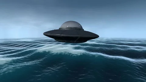 Classic flying saucer hovering over a stormy ocean under cloudy sky 4K Stock Footage 340154158